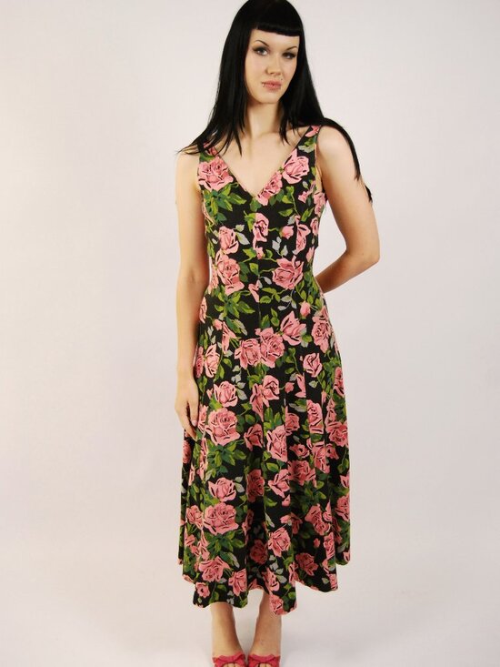 Betsey Johnson Dresses & Skirts - Y2K Betsey Johnson Maxi Dress (S) small black pink vintage rose floral tank chic